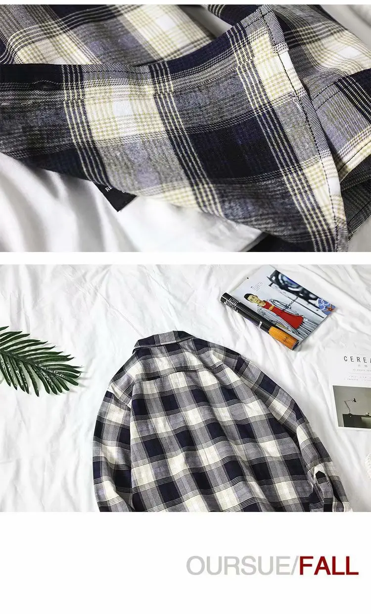 Men Plaid Long Sleeve Shirt Blue Red Gray Large — feature 8