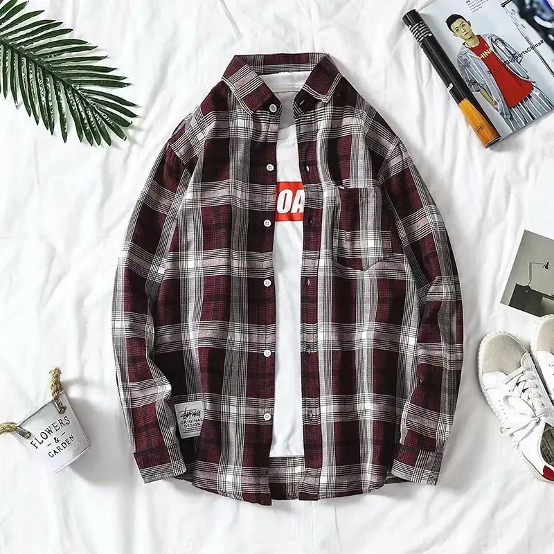 Men Plaid Long Sleeve Shirt Blue Red Gray Large - Image 2