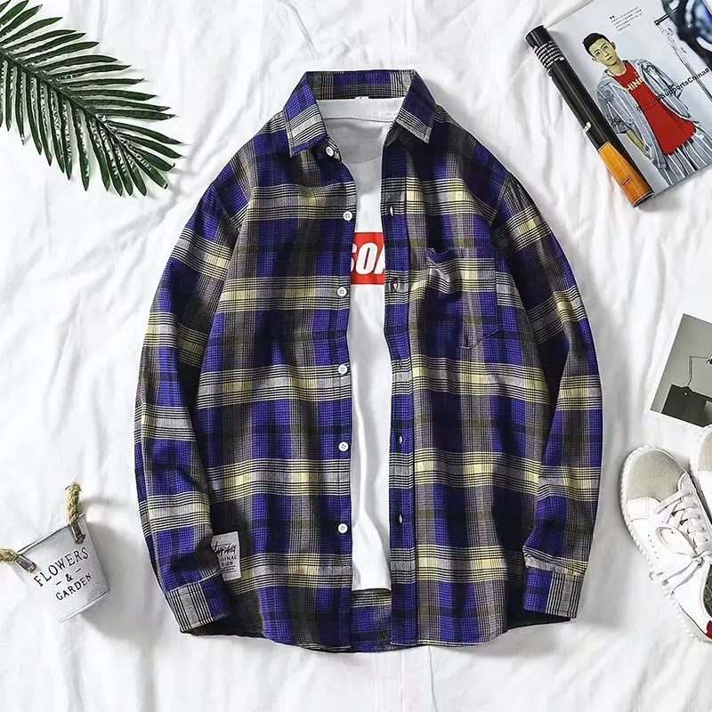 Men Plaid Long Sleeve Shirt Blue Red Gray Large - Image 3