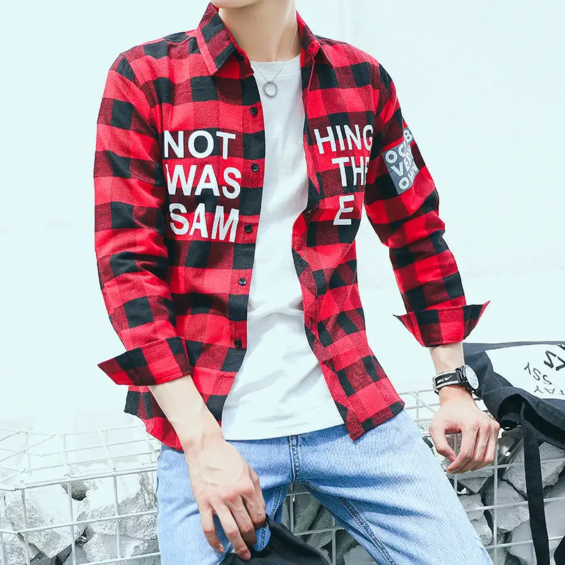 Men's Red Black Plaid Long Sleeve Shirt Slim Fit