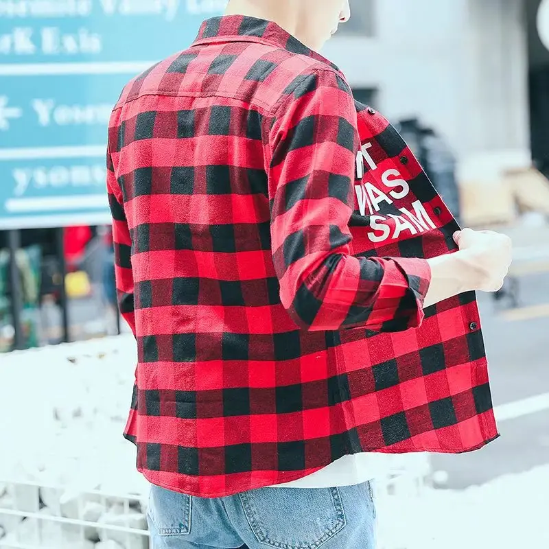 Men's Red Black Plaid Long Sleeve Shirt Slim Fit