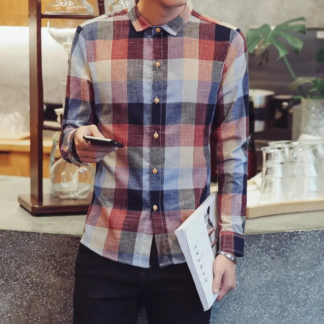 Men's Slim Fit Plaid Shirt Long Sleeve Spring Autumn - Image 3