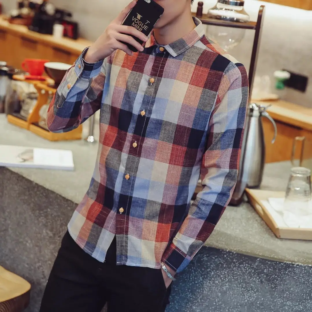 Men's Slim Fit Plaid Shirt Long Sleeve Spring Autumn - Image 4