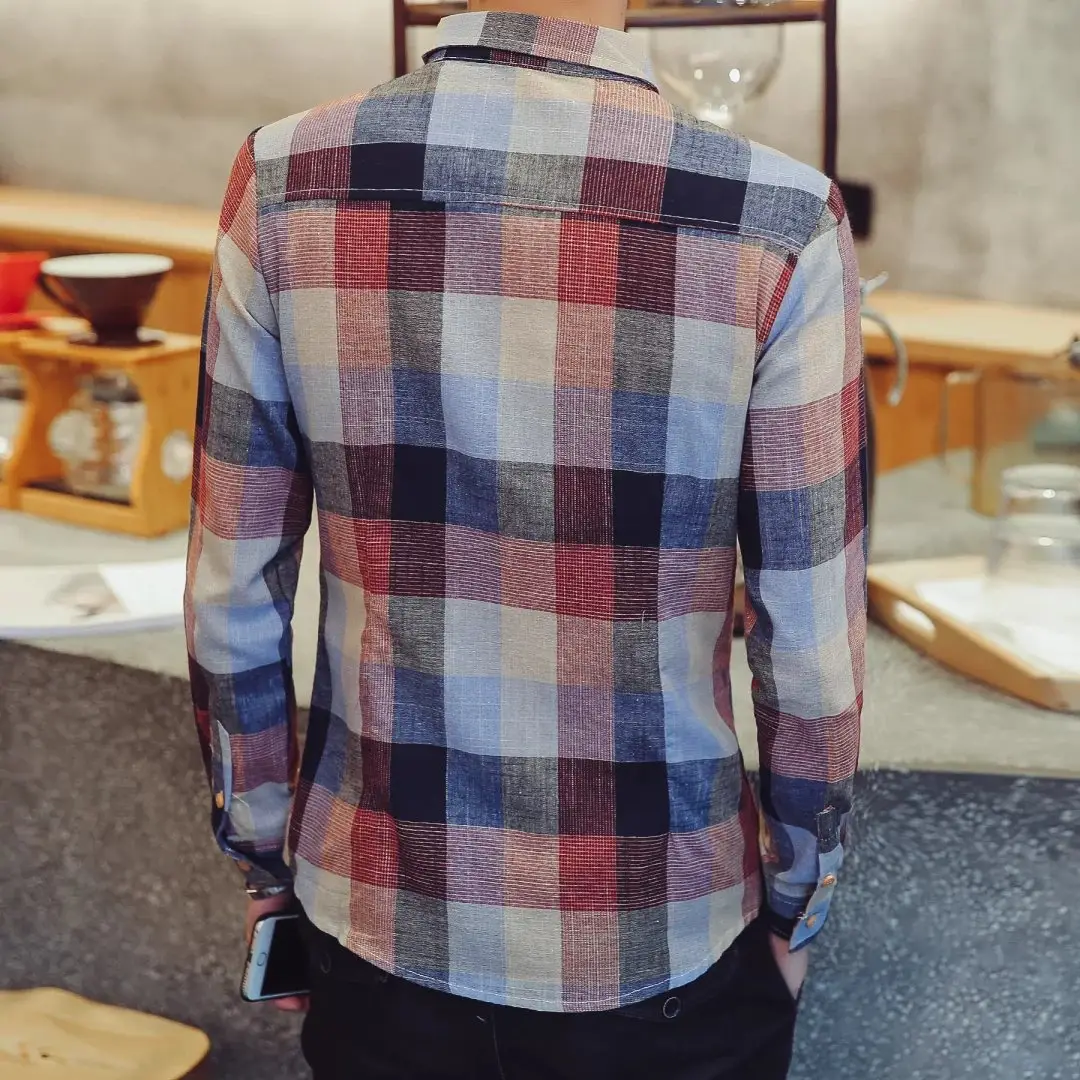 Men's Slim Fit Plaid Shirt Long Sleeve Spring Autumn - Image 5
