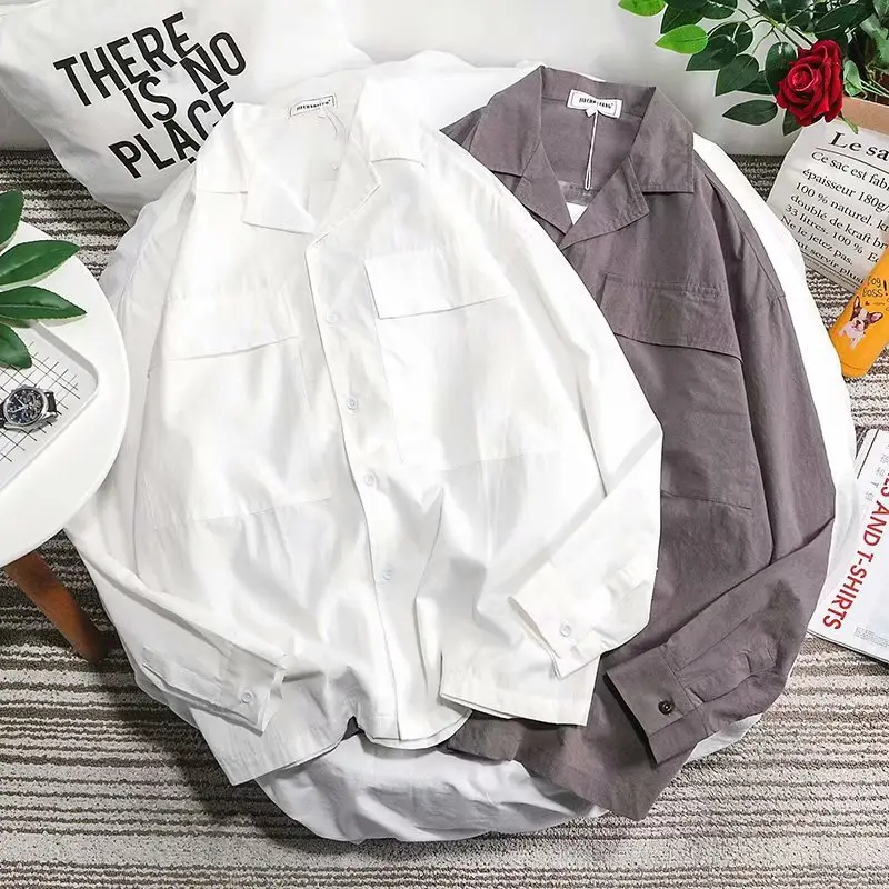 Men's Korean Style Long Sleeve Shirt Grey Base - Image 3