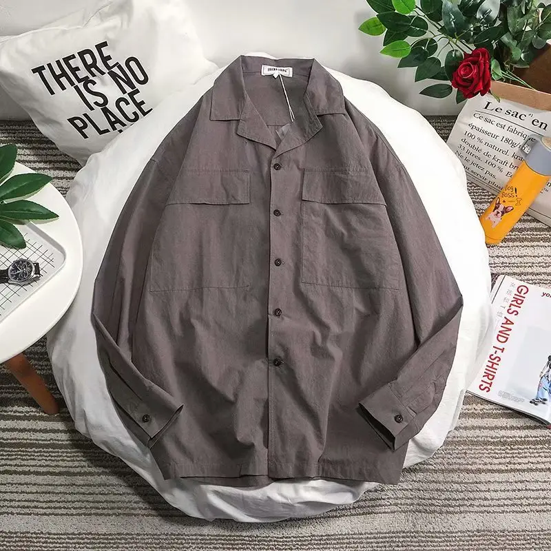 Men's Korean Style Long Sleeve Shirt Grey Base - Image 2
