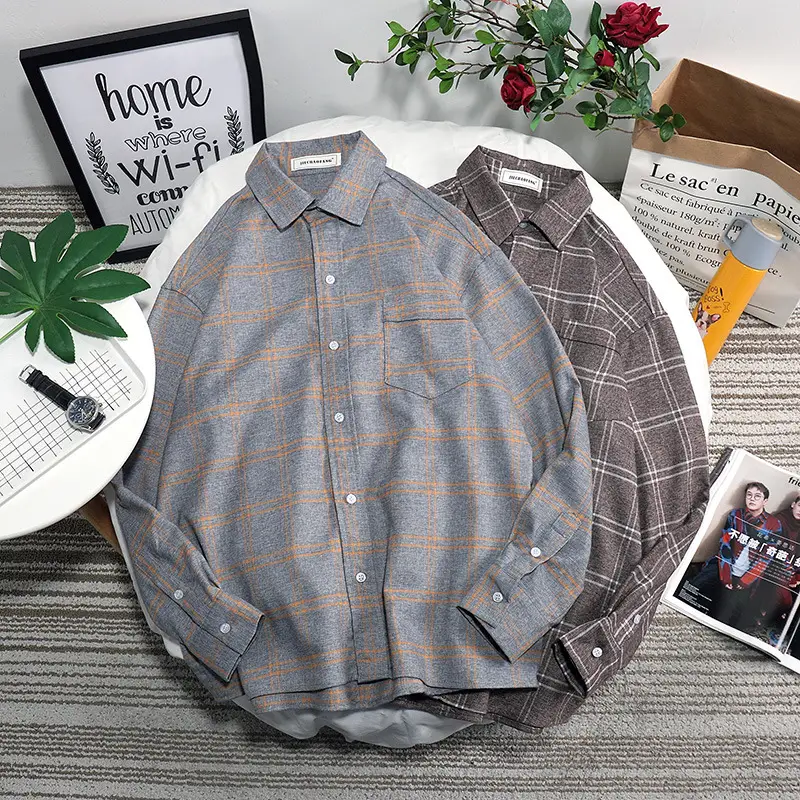 Men's Brown Plaid Long Sleeve Shirt Ruffian Handsome Top - Image 3