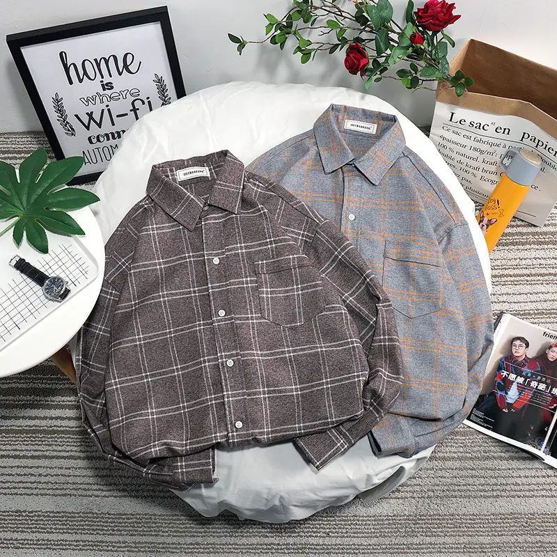 Men's Brown Plaid Long Sleeve Shirt Ruffian Handsome Top - Image 4