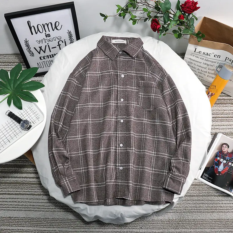 Men's Brown Plaid Long Sleeve Shirt Ruffian Handsome Top - Image 5