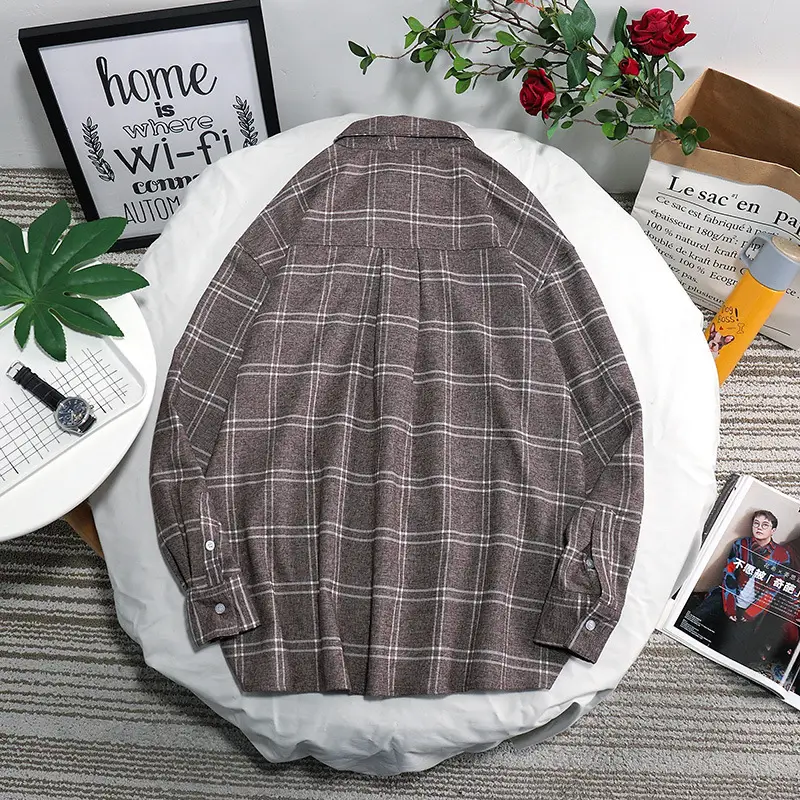 Men's Brown Plaid Long Sleeve Shirt Ruffian Handsome Top - Image 6