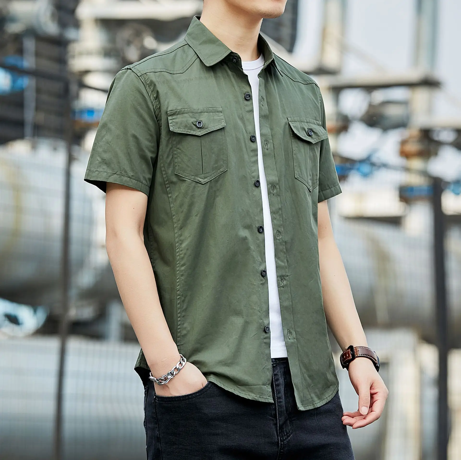 Men Short Sleeve Cotton Shirt Green Military Style Casual - Image 5