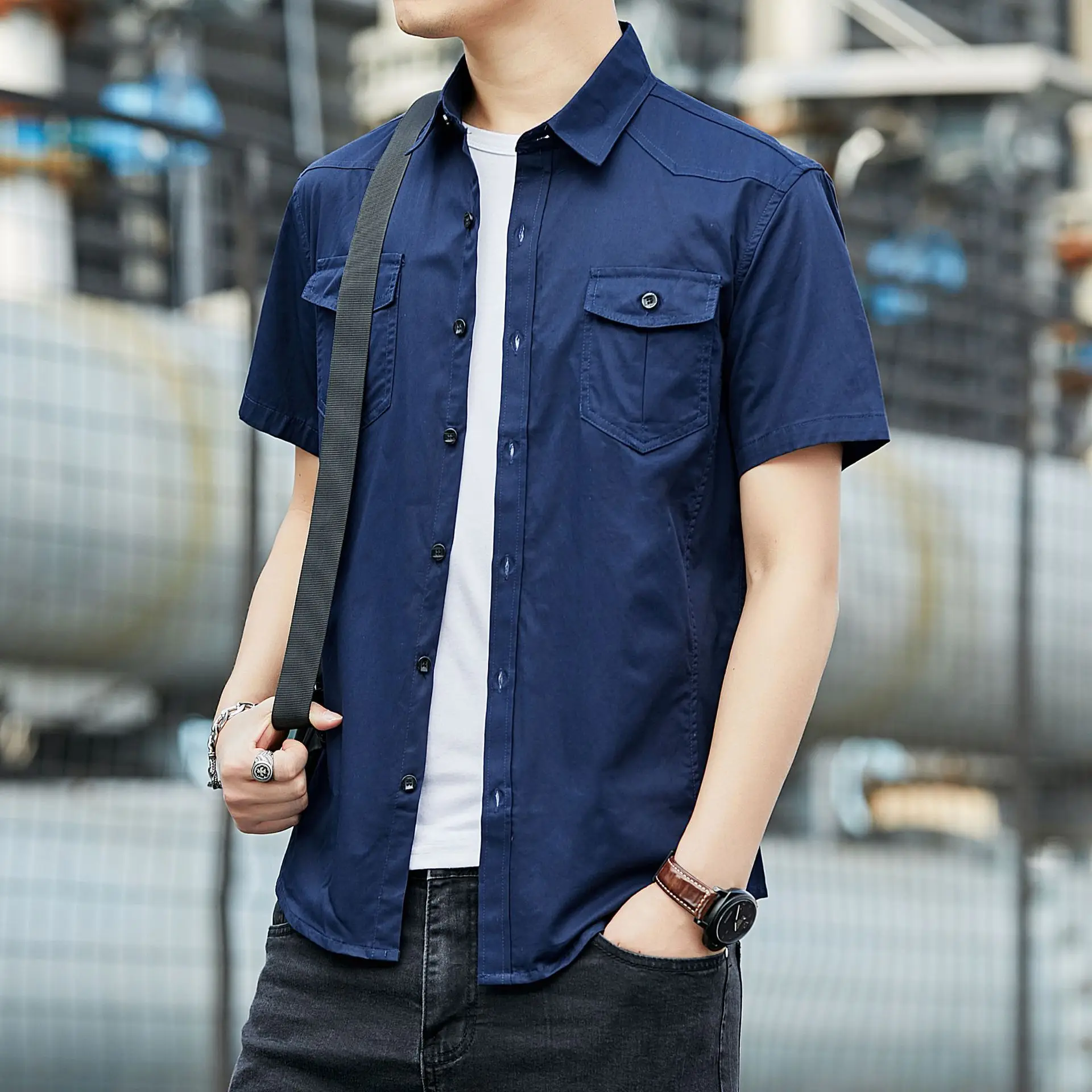 Men Short Sleeve Cotton Shirt Green Military Style Casual - Image 6