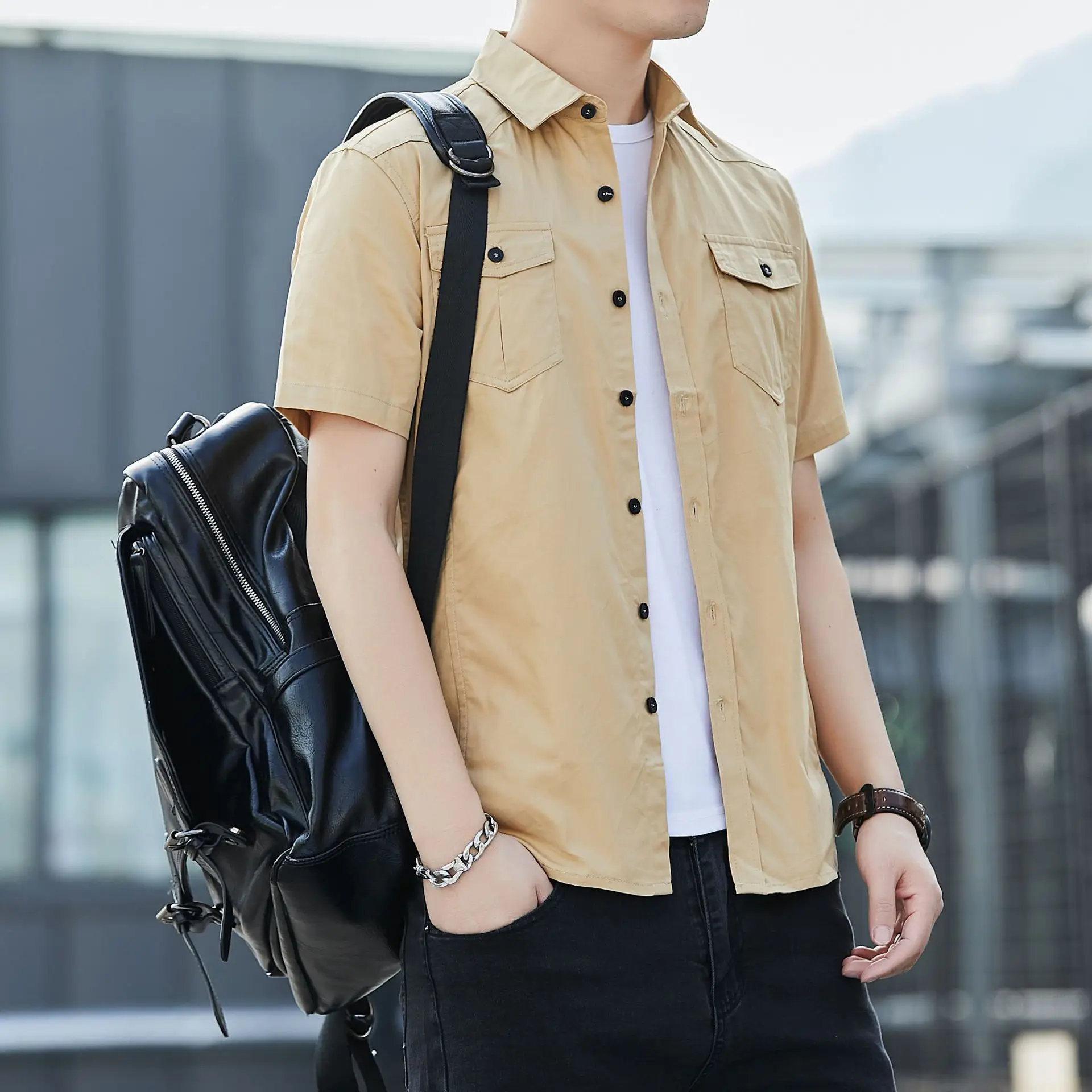 Men Short Sleeve Cotton Shirt Green Military Style Casual - Image 7