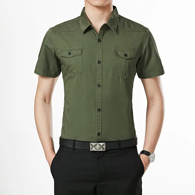 Men Short Sleeve Cotton Shirt Green Military Style Casual - Image 8