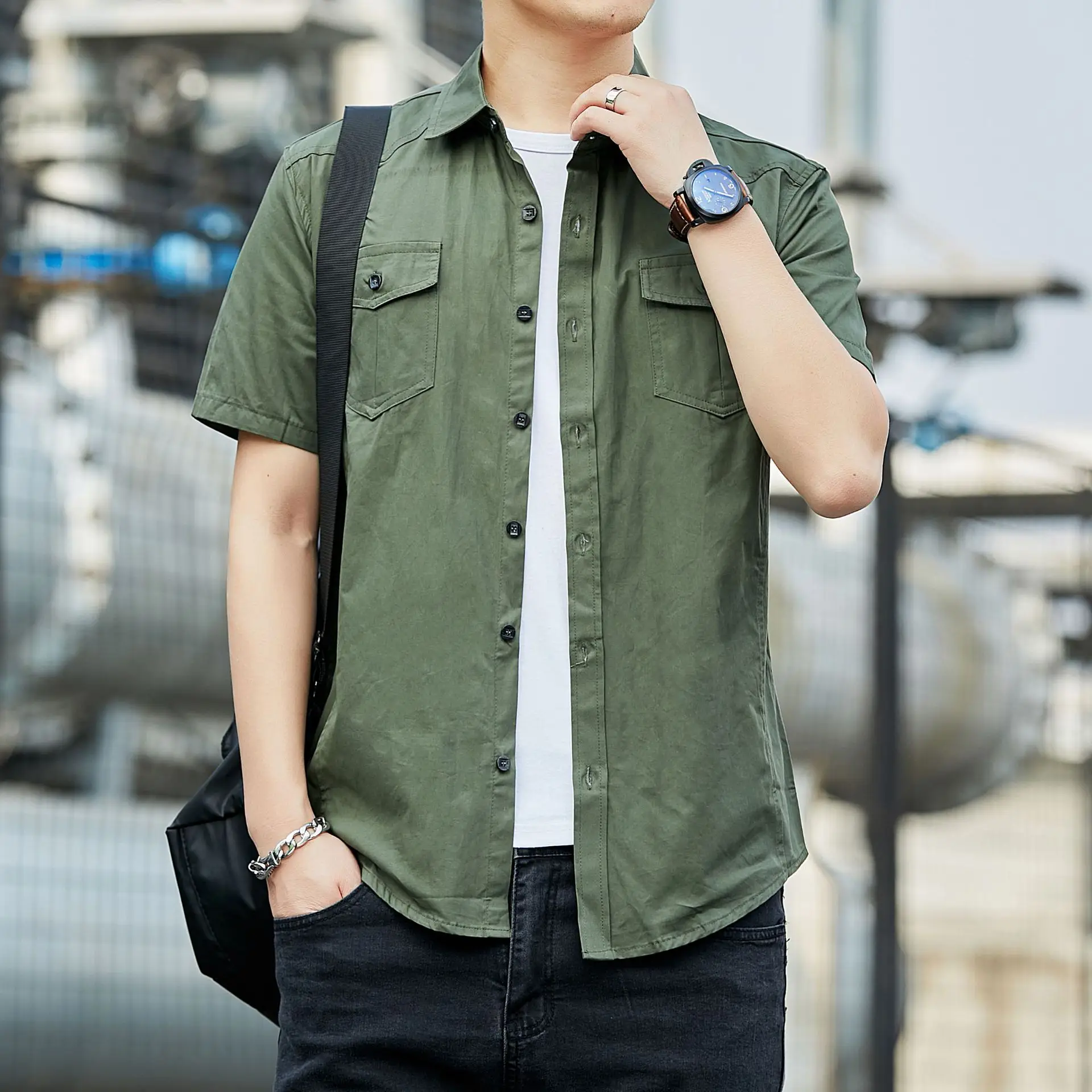 Men Short Sleeve Cotton Shirt Green Military Style Casual - Image 2