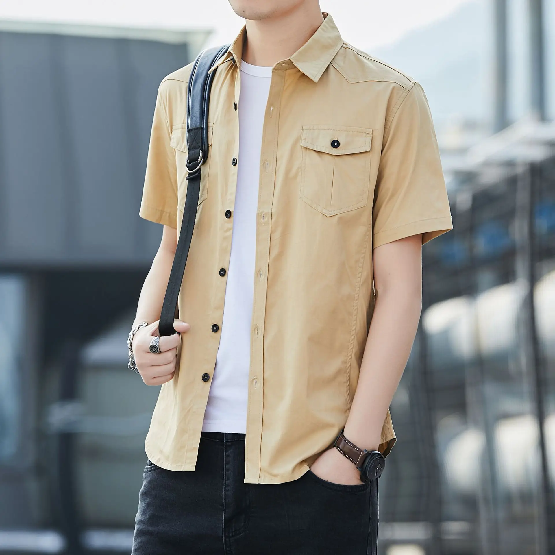 Men Short Sleeve Cotton Shirt Green Military Style Casual - Image 3