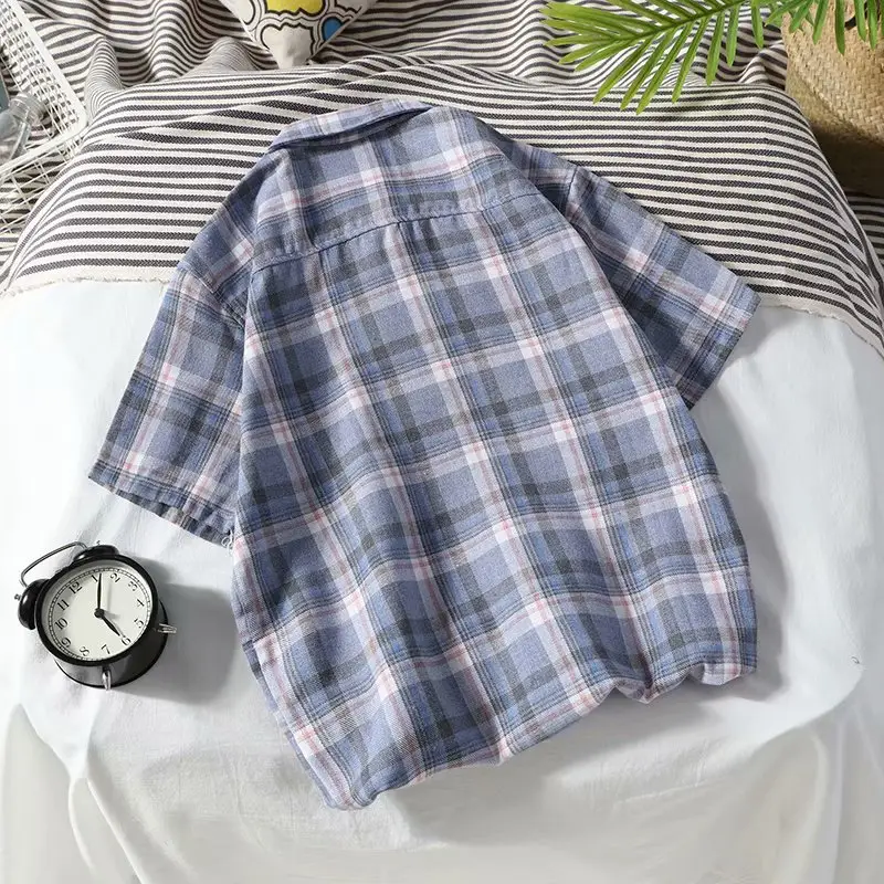 Men's Blue Plaid Short Sleeve Shirt Korean Style Loose Fit - Image 4