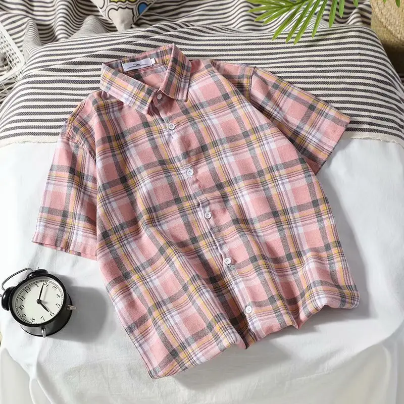 Men's Blue Plaid Short Sleeve Shirt Korean Style Loose Fit - Image 2