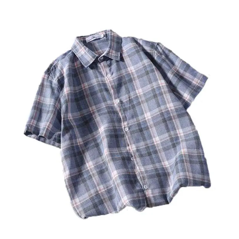Men's Blue Plaid Short Sleeve Shirt Korean Style Loose Fit - Image 5