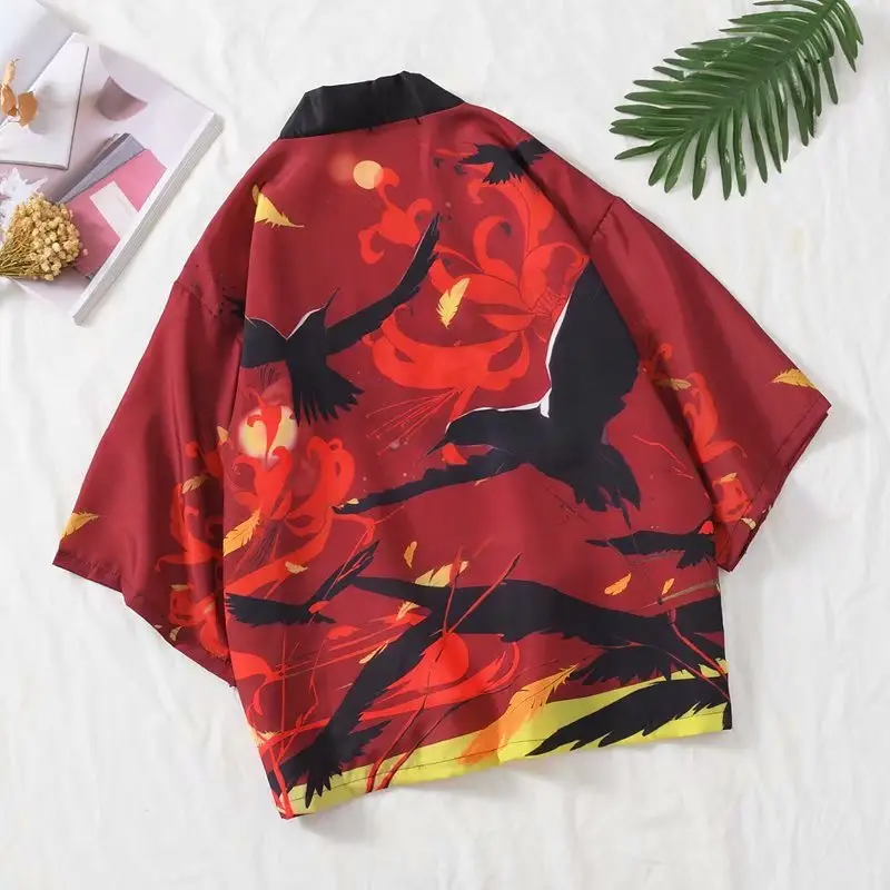 Japanese Style Men's Black Printed Kimono Coat Seven Sleeve - Image 4