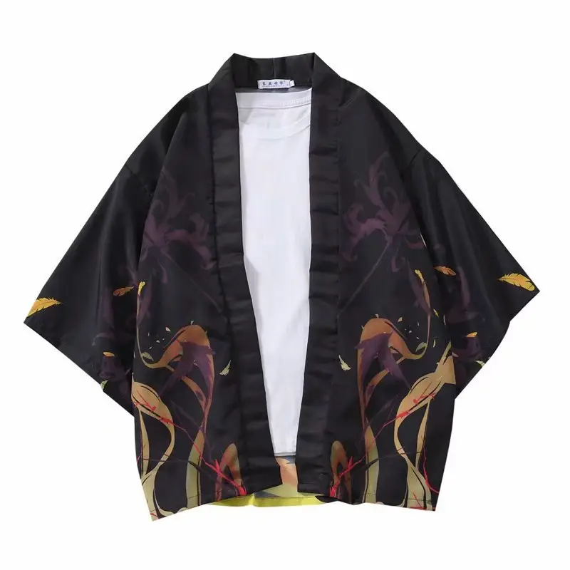 Japanese Style Men's Black Printed Kimono Coat Seven Sleeve - Image 7