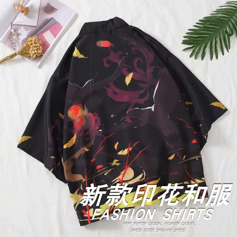 Japanese Style Men's Black Printed Kimono Coat Seven Sleeve - Image 2