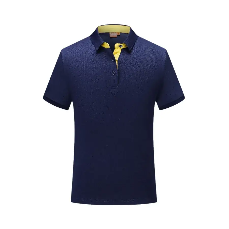 Men Navy Blue Pique Polo with Yellow Collar - Image 12