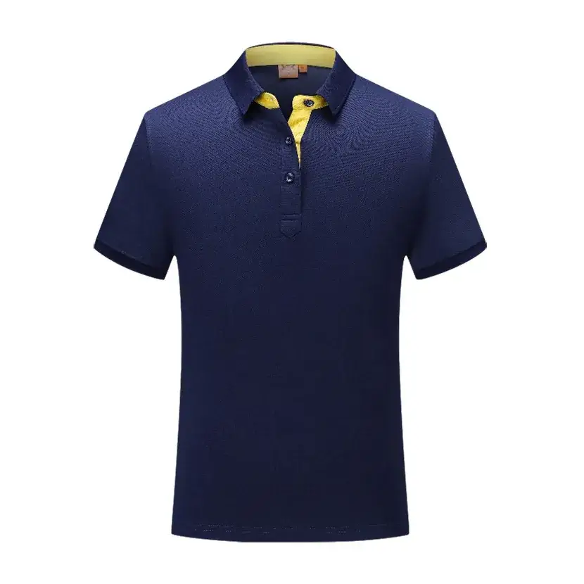 Men Navy Blue Pique Polo with Yellow Collar - Image 5