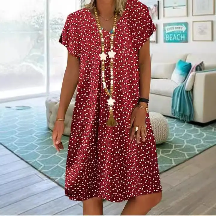 Women's 2023 Summer V-Neck Polka Dot Heart Dress - Image 6