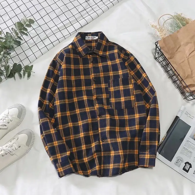 Men's Plaid Long Sleeve Jacket Navy Orange Korean Style - Image 2