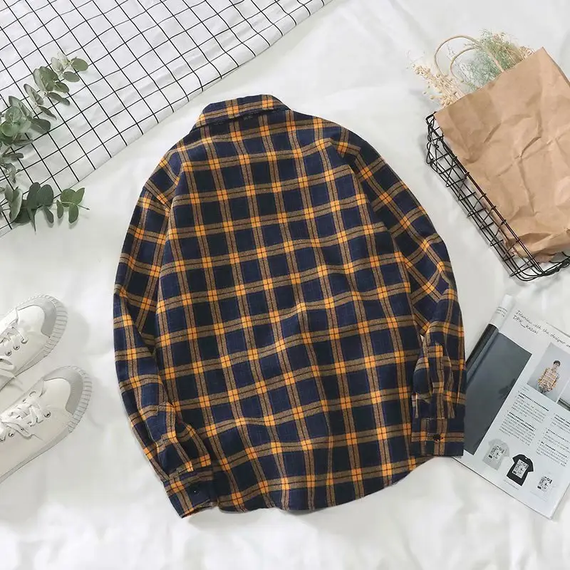 Men's Plaid Long Sleeve Jacket Navy Orange Korean Style - Image 3