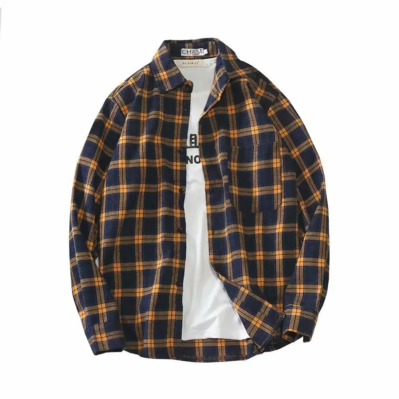 Men's Plaid Long Sleeve Jacket Navy Orange Korean Style - Image 4