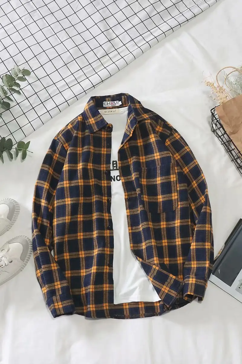 Men's Plaid Long Sleeve Jacket Navy Orange Korean Style - Image 5