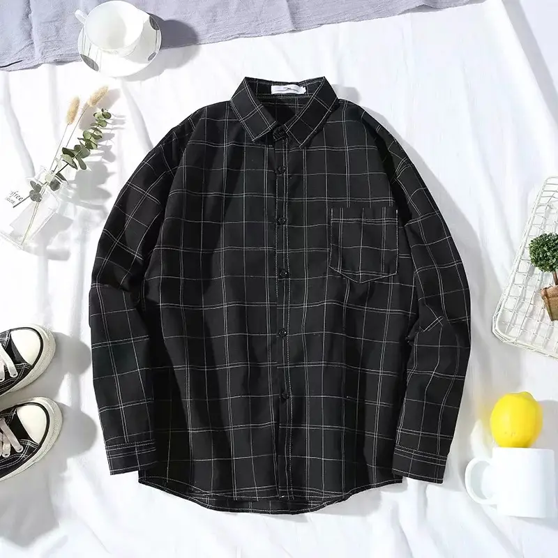 Men's Black Plaid Slim Fit Long Sleeve Shirt - Image 4