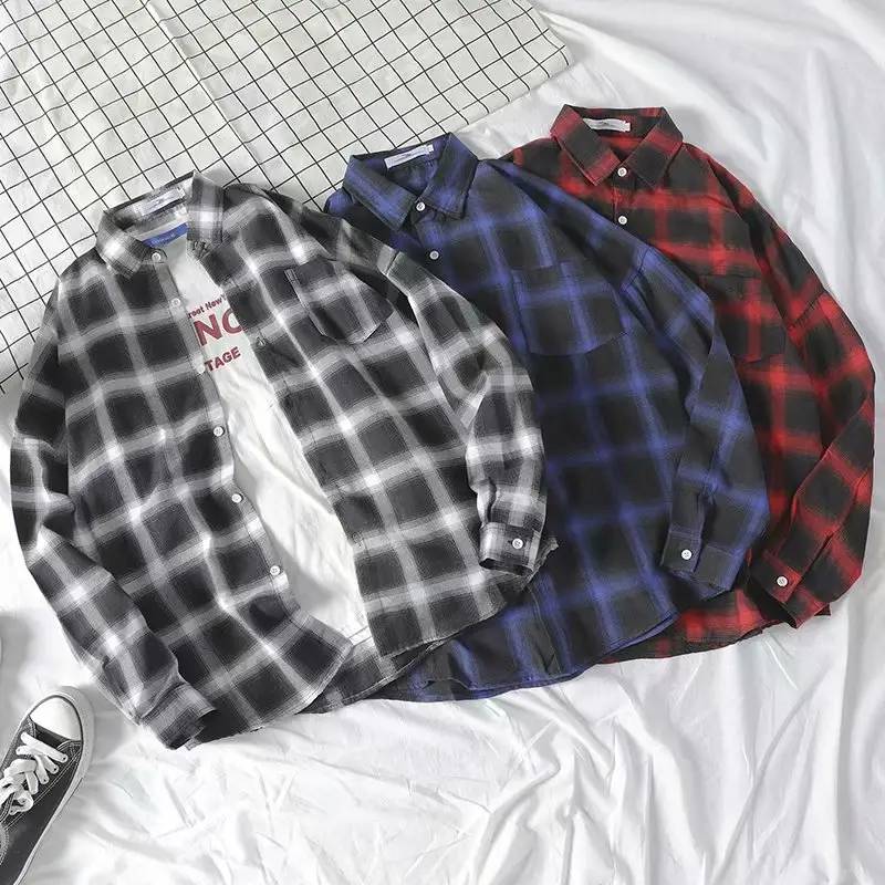 Men's Black Plaid Loose Fit Shirt Hong Kong Style - Image 5
