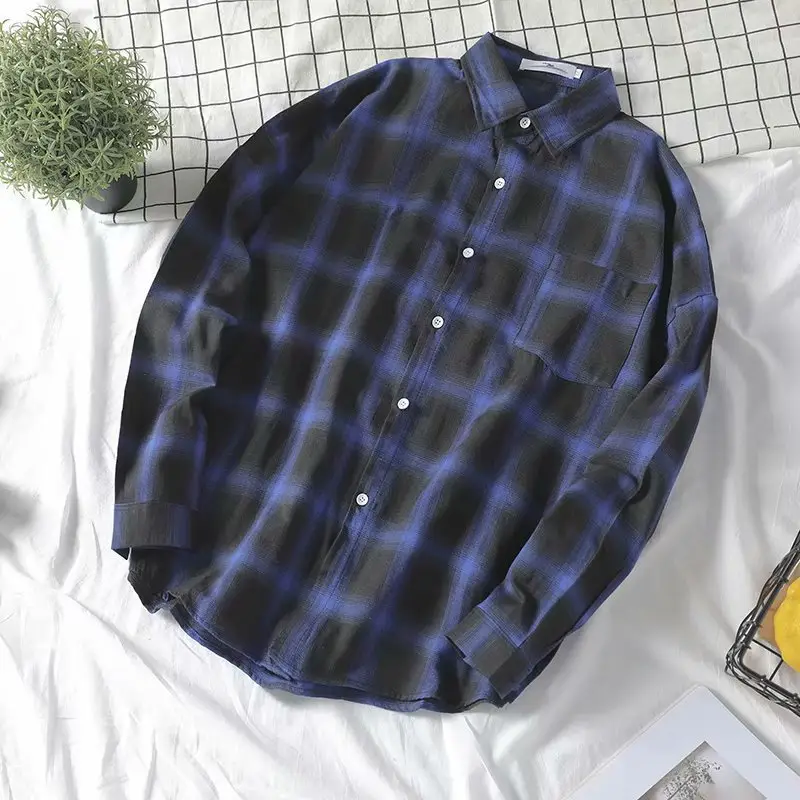 Men's Black Plaid Loose Fit Shirt Hong Kong Style - Image 6