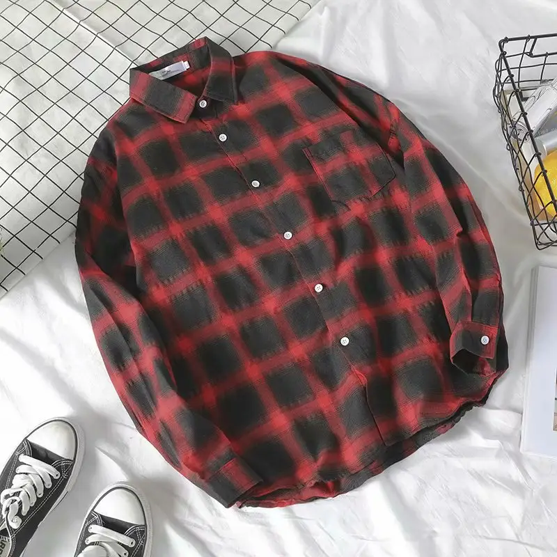 Men's Black Plaid Loose Fit Shirt Hong Kong Style - Image 7