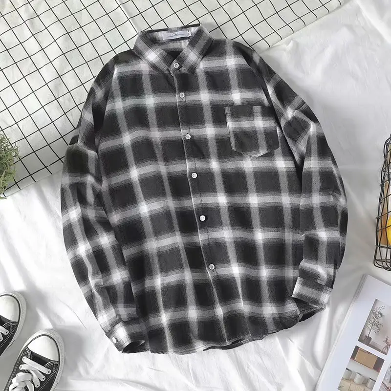 Men's Black Plaid Loose Fit Shirt Hong Kong Style - Image 2