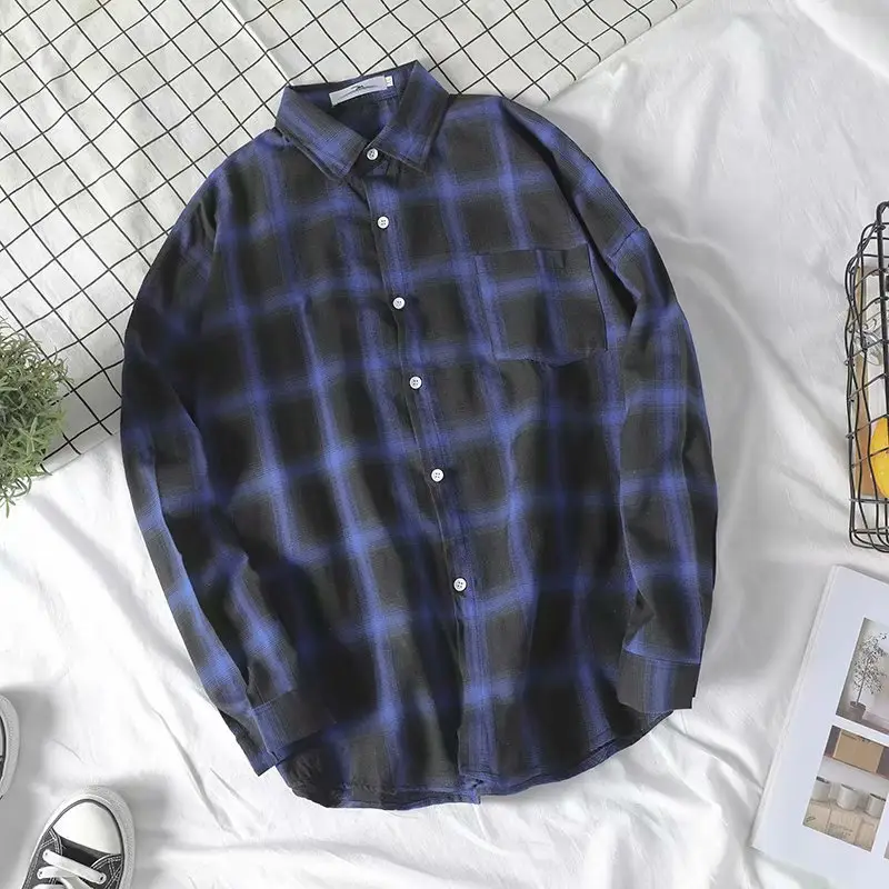 Men's Black Plaid Loose Fit Shirt Hong Kong Style - Image 3