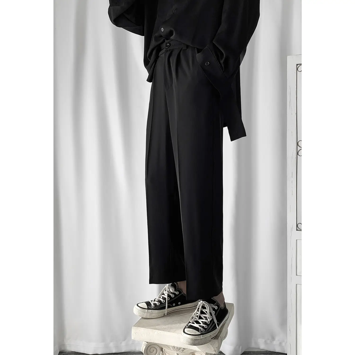 Men's Black Wide-leg Pants Casual Ankle-Length Loose Fit - Image 4