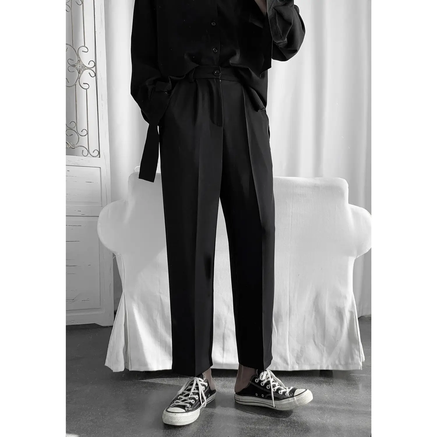 Men's Black Wide-leg Pants Casual Ankle-Length Loose Fit - Image 5