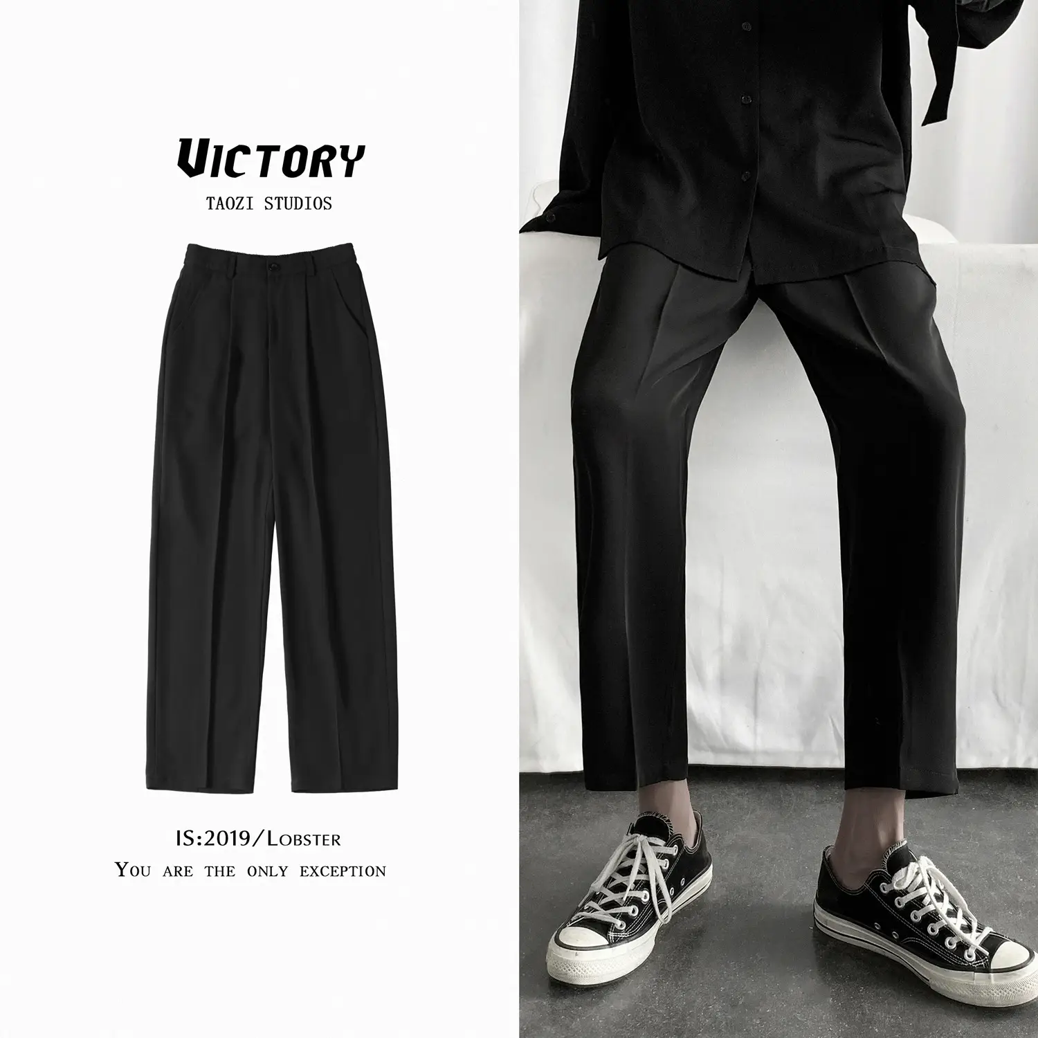 Men's Black Wide-leg Pants Casual Ankle-Length Loose Fit - Image 7