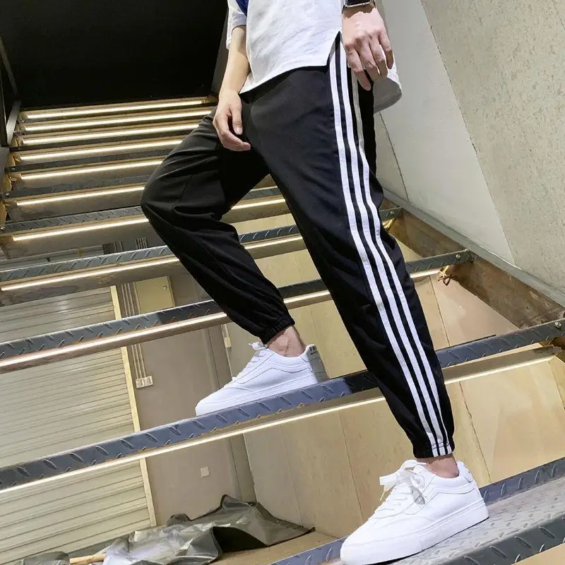 Men's Black Three-Bar Track Pants Summer Casual Wear Large - Image 2