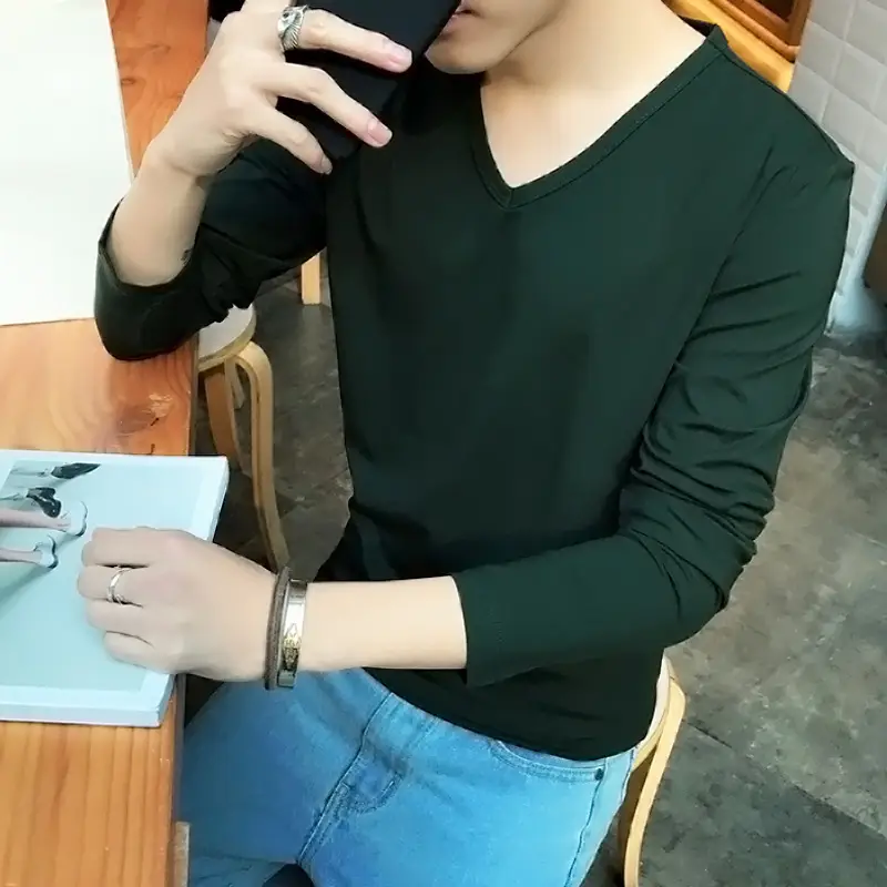 Men Long Sleeve V Neck Slim Fit T-Shirt Black