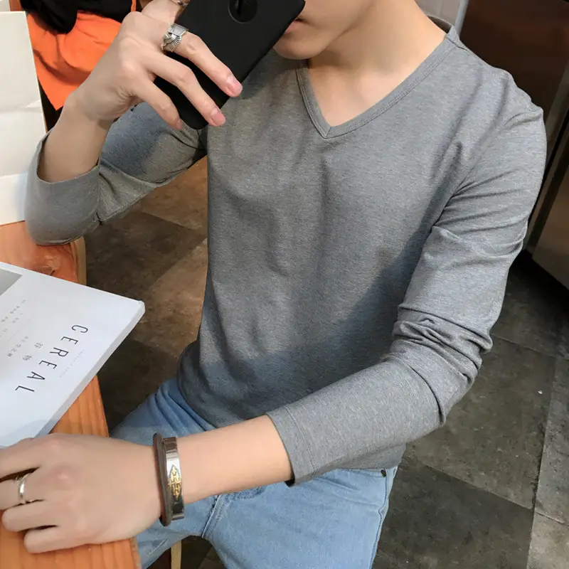 Men Long Sleeve V Neck Slim Fit T-Shirt Black