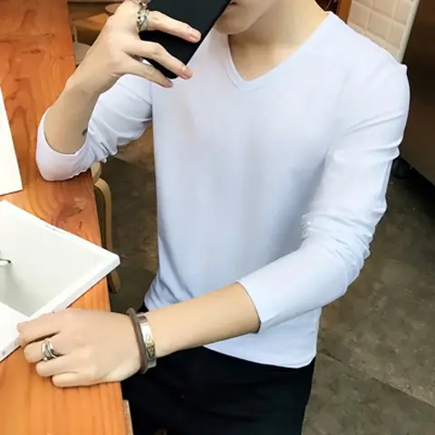 Men Long Sleeve V Neck Slim Fit T-Shirt Black