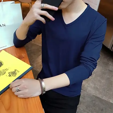 Men Long Sleeve V Neck Slim Fit T-Shirt Black