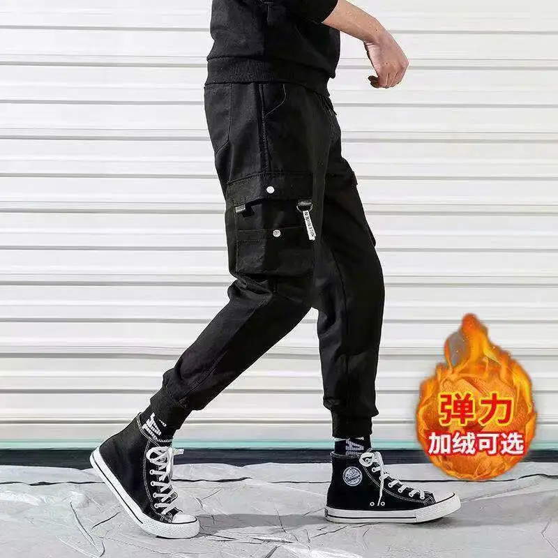 Men Fleece Lined Cargo Pants Black Grey Ankle Tied