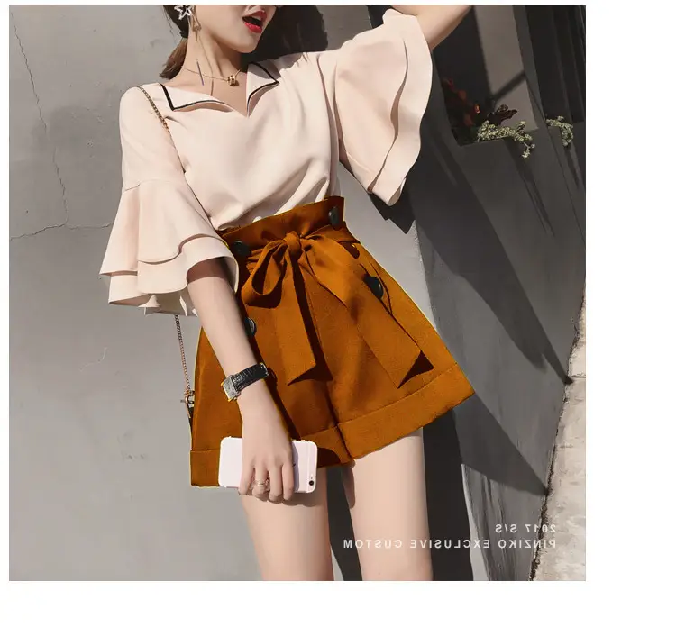 2020 Summer Korean Fashion Brown Tie-Waist Shorts Set - Image 7