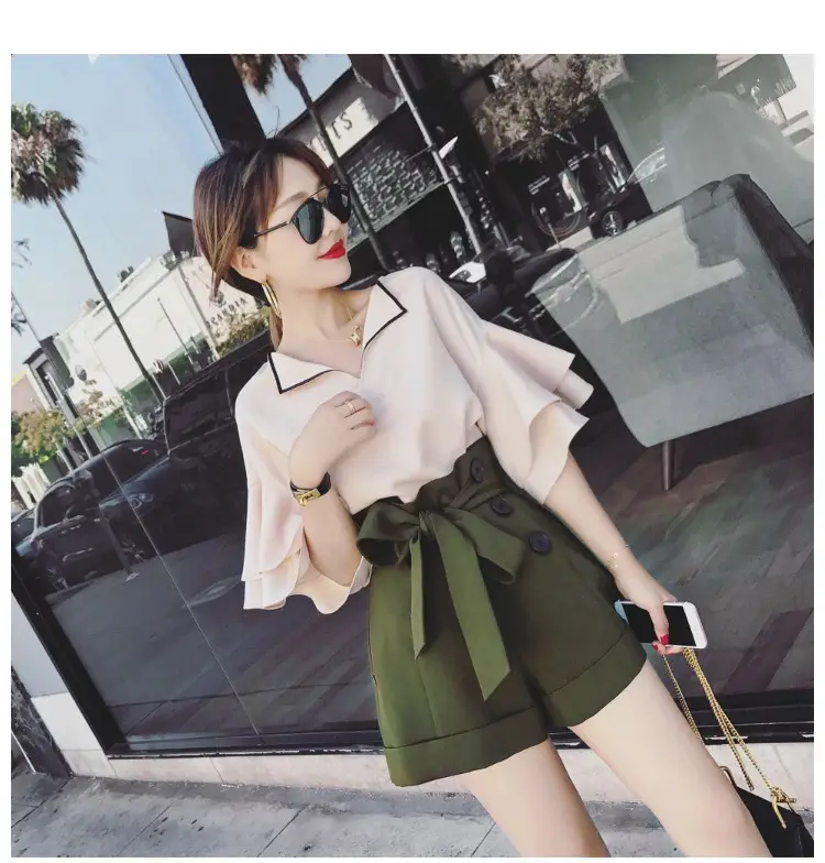 2020 Summer Korean Fashion Brown Tie-Waist Shorts Set - Image 8